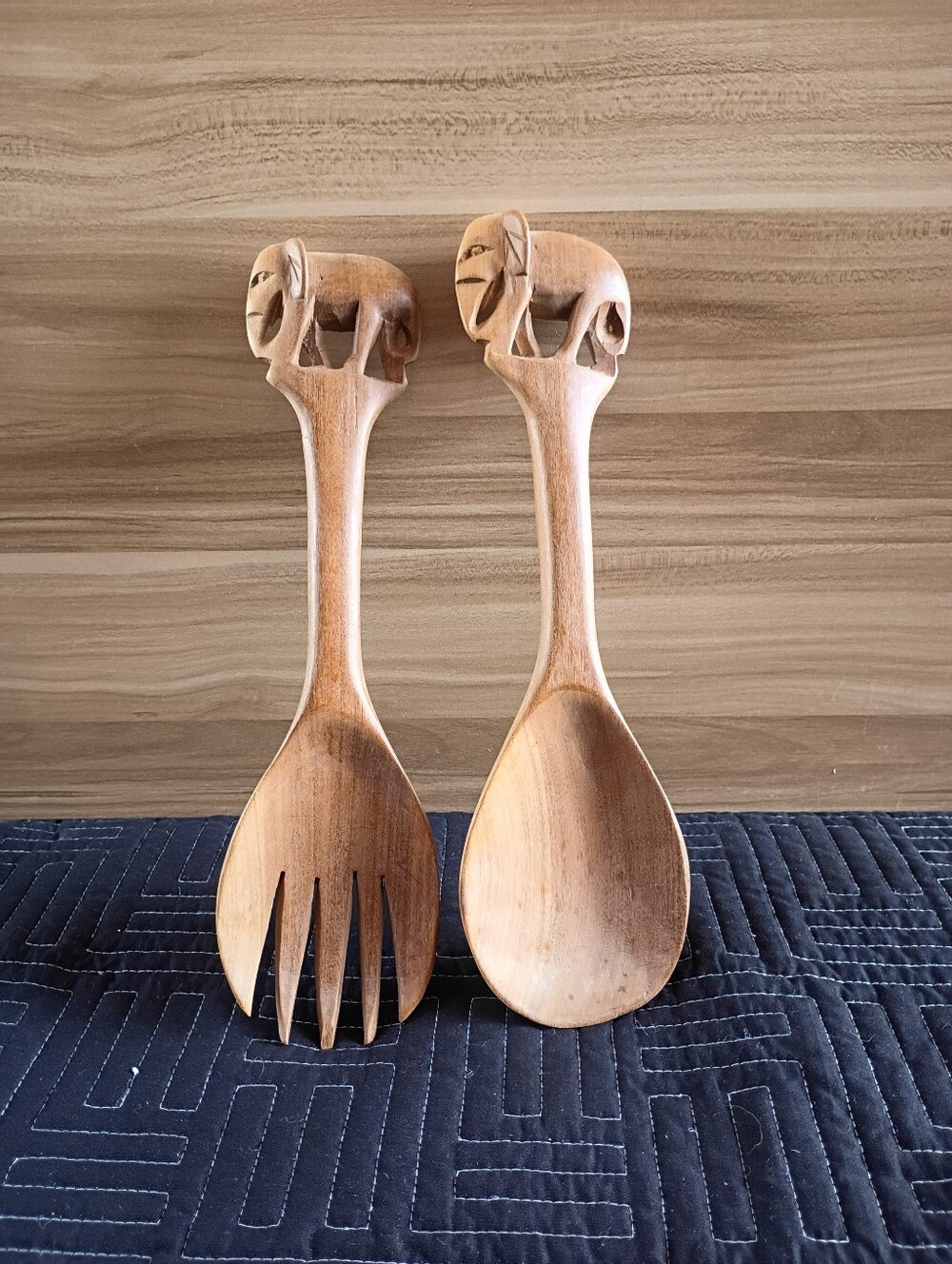 Hand-Carved Wooden Elephant Salad Servers - Natural Brown